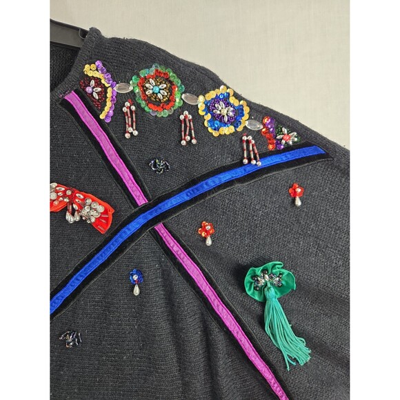 VTG Cedars Beaded Sequin Holiday Sweater Large Black Angora Silk 80s Party Glam - Picture 4 of 12